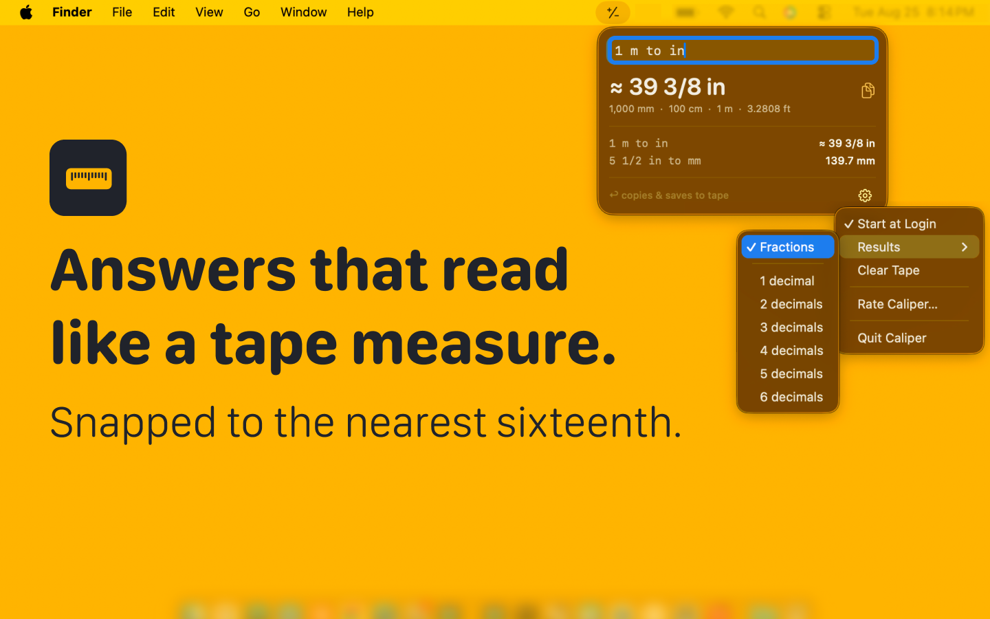 1 m to in answered as approximately 39 3/8 in, with the gear menu open showing the Results picker set to Fractions.